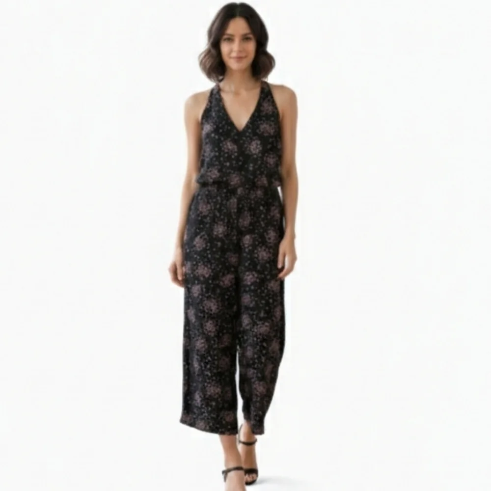 LOFT Black Loose Fitting Jumpsuit with Pink And White Floral Women's Size Small